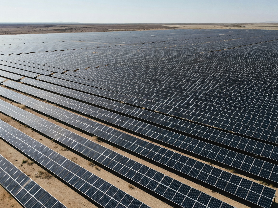 A vast array of solar panels at a utility-scale solar farm