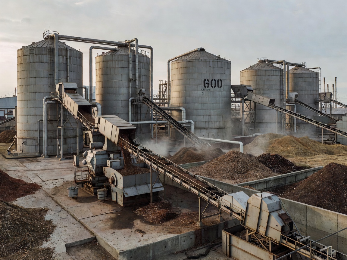 Industrial biomass processing facility with large silos