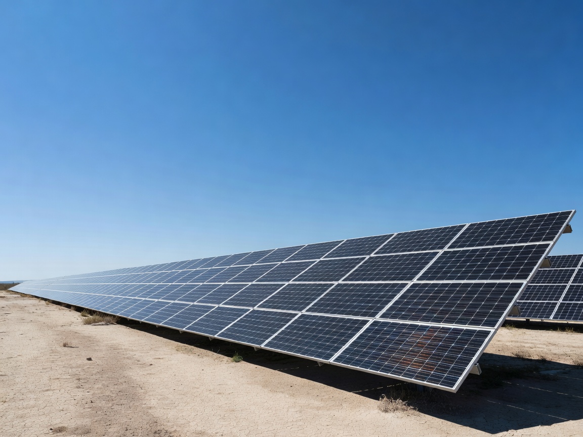 Row of modern solar panels under a clear sky