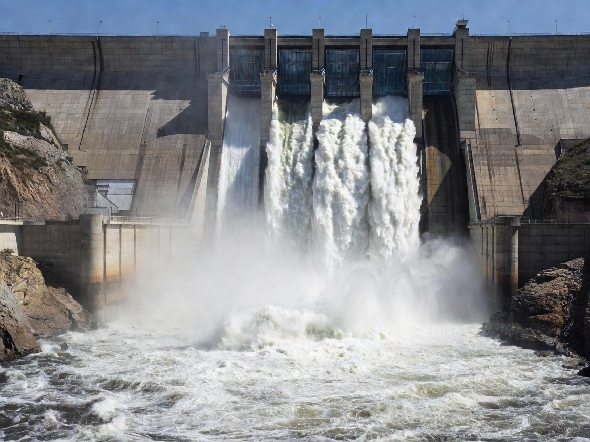 Water releasing through the spillways of a large concrete dam