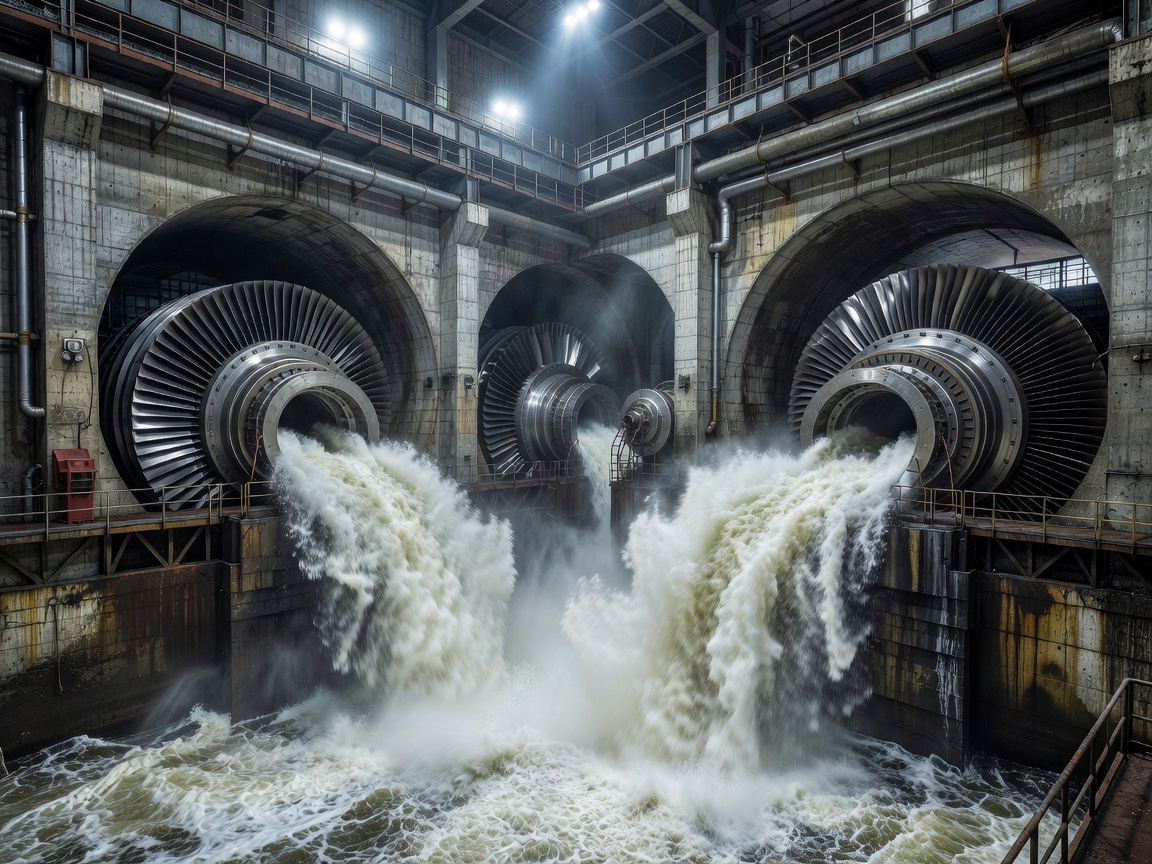 Water rushing through the turbines of a large hydroelectric facility