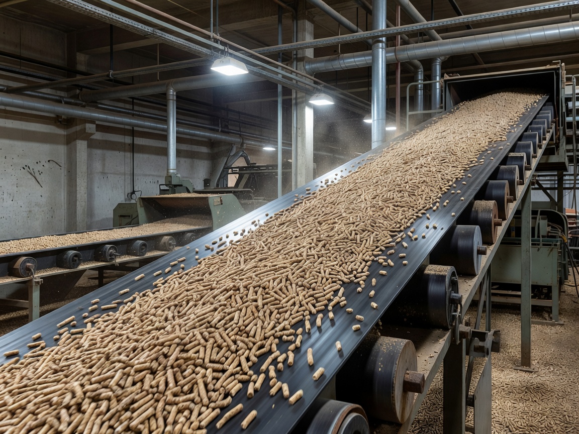 Wood pellets being moved on a conveyor belt in a processing plant